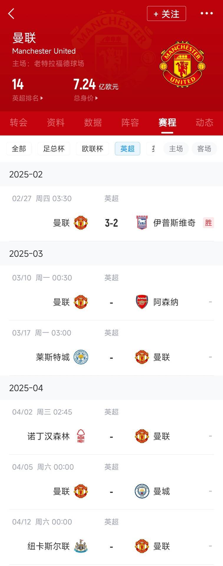 藍狐救一下？曼聯(lián)未來5輪將遭遇英超2/3/4/6名：槍手森林曼城紐卡