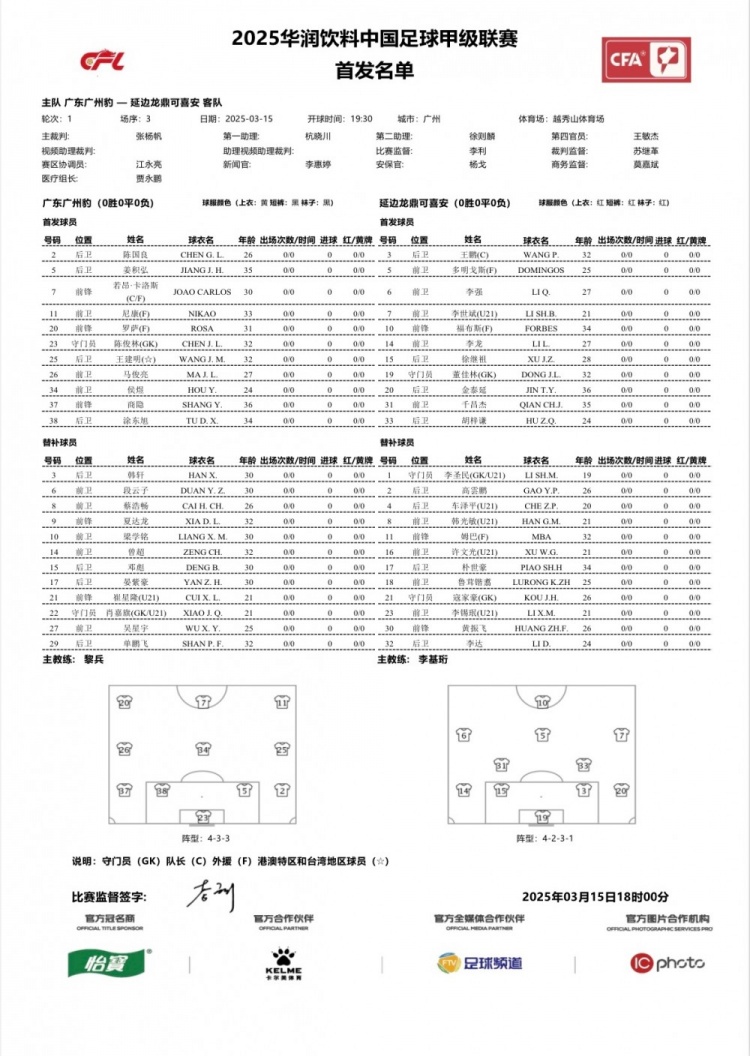 廣州豹vs延邊龍鼎首發(fā)：卡洛斯、羅薩、尼康三外援領銜廣州豹