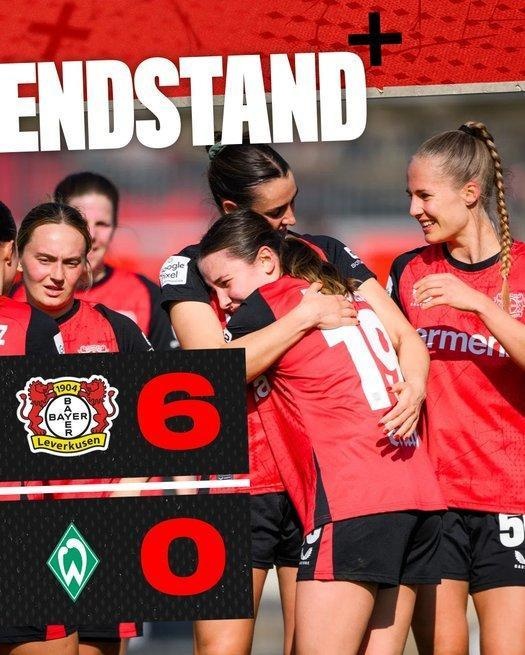 勒沃庫森女足6-0云達(dá)不來梅女足，沈夢(mèng)露首發(fā)出場59分鐘