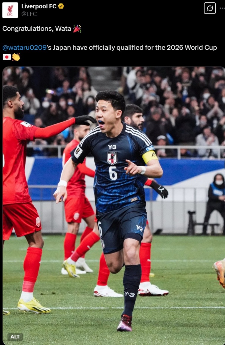 利物浦官推曬遠(yuǎn)藤航照片，祝賀其隨日本隊(duì)提前晉級世界杯